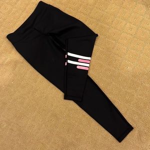 Lilybod black leggings w whote and pink stripe details on left leg